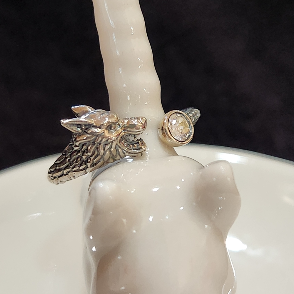 Silver Wolf Head Ring with Gold Accent